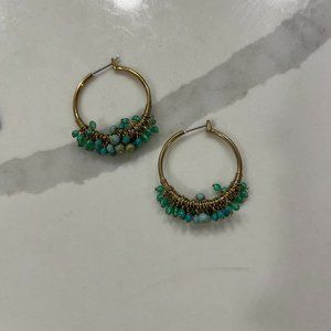 Gold Hoop Earrings with Green and Blue Beads